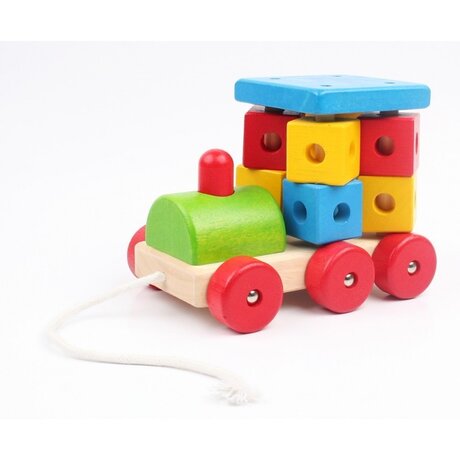 ДЪРВЕНА ИГРАЧКА ЗА ДЪРПАНЕ PINO - ГОЛЯМ ЛОКОМОТИВ С БИБИТКА, ОТ КАУЧУКОВО ДЪРВО